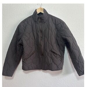 Lucky Brand Quilted Jacket Dark Gray Mock Neck Zip Pockets Women M